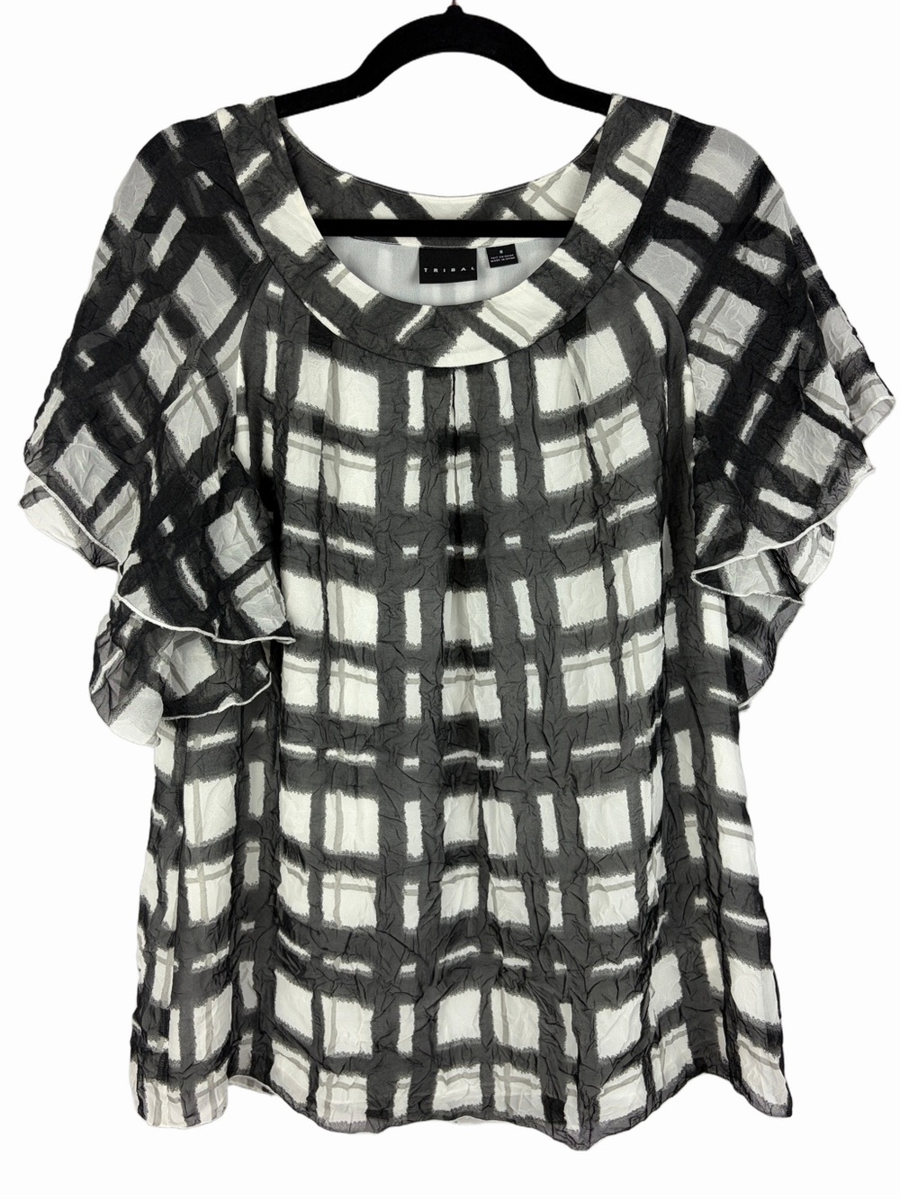 Tribal Black White Abstract Plaid Ruffle Sleeve Blouse Size 6 Grey White